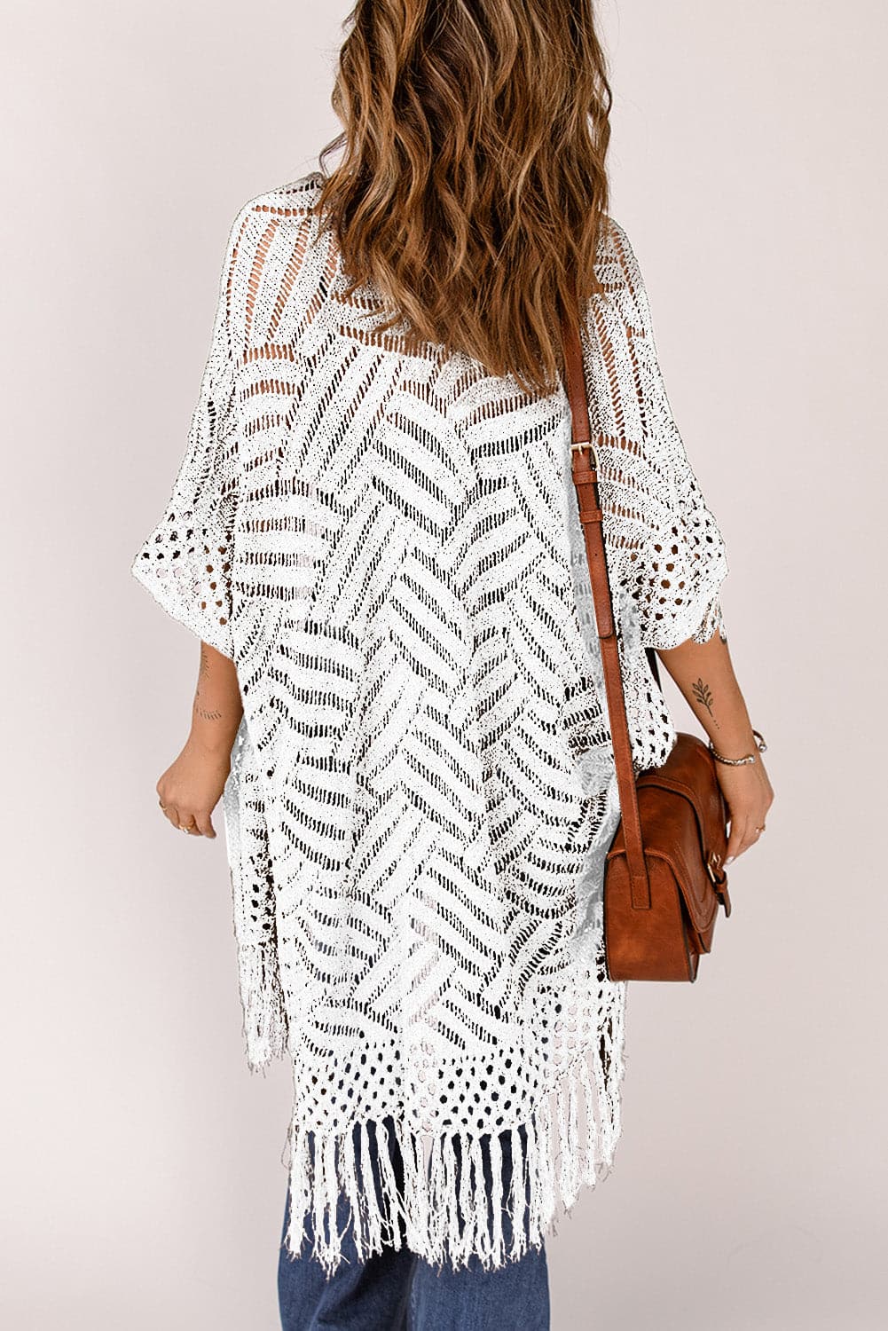 Openwork Open Front Cardigan with Fringes.