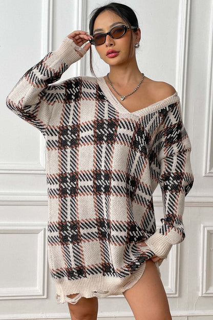 Plaid V-Neck Long Sleeve Sweater Dress.