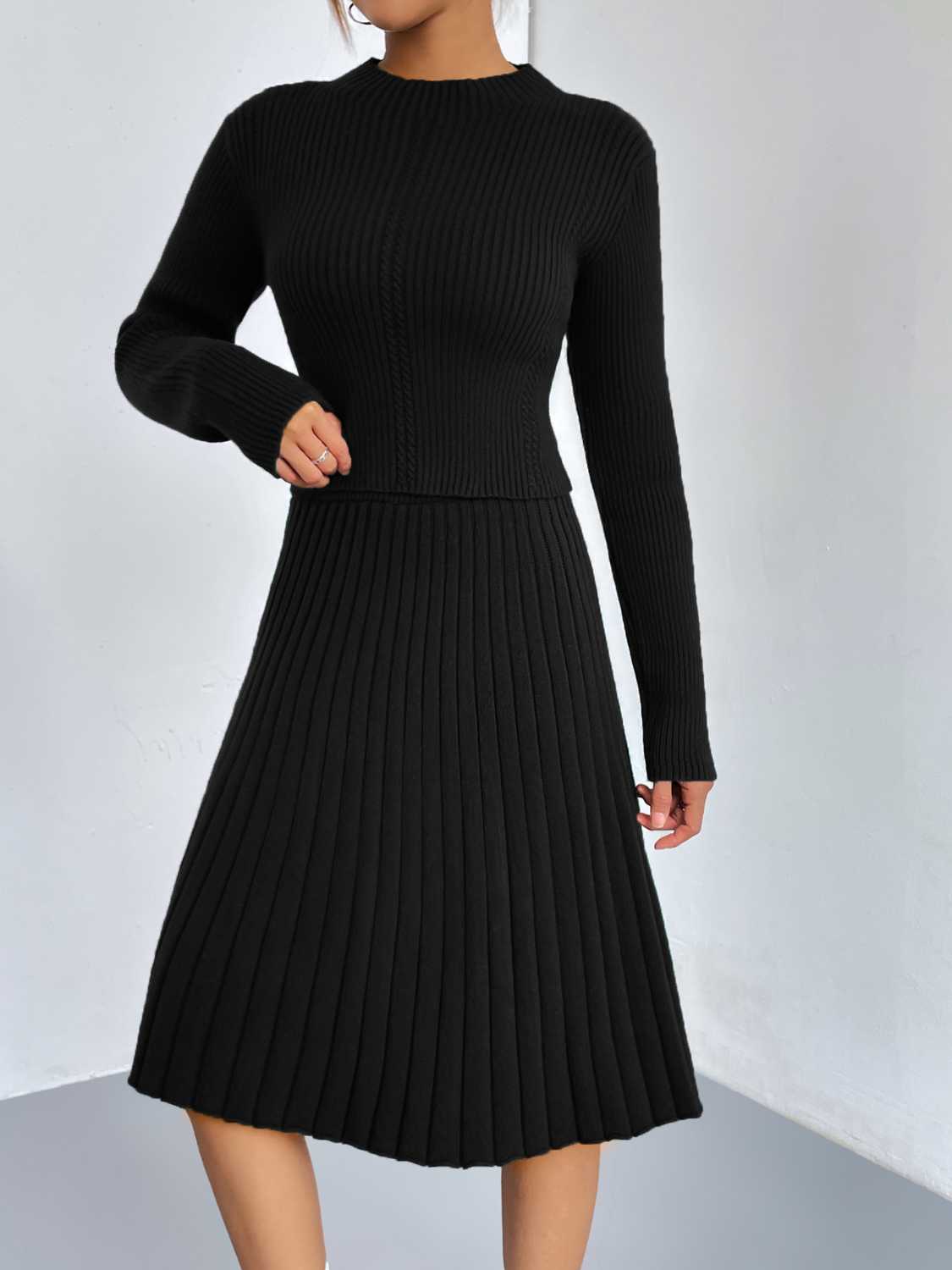 Rib-Knit Sweater and Skirt Set.