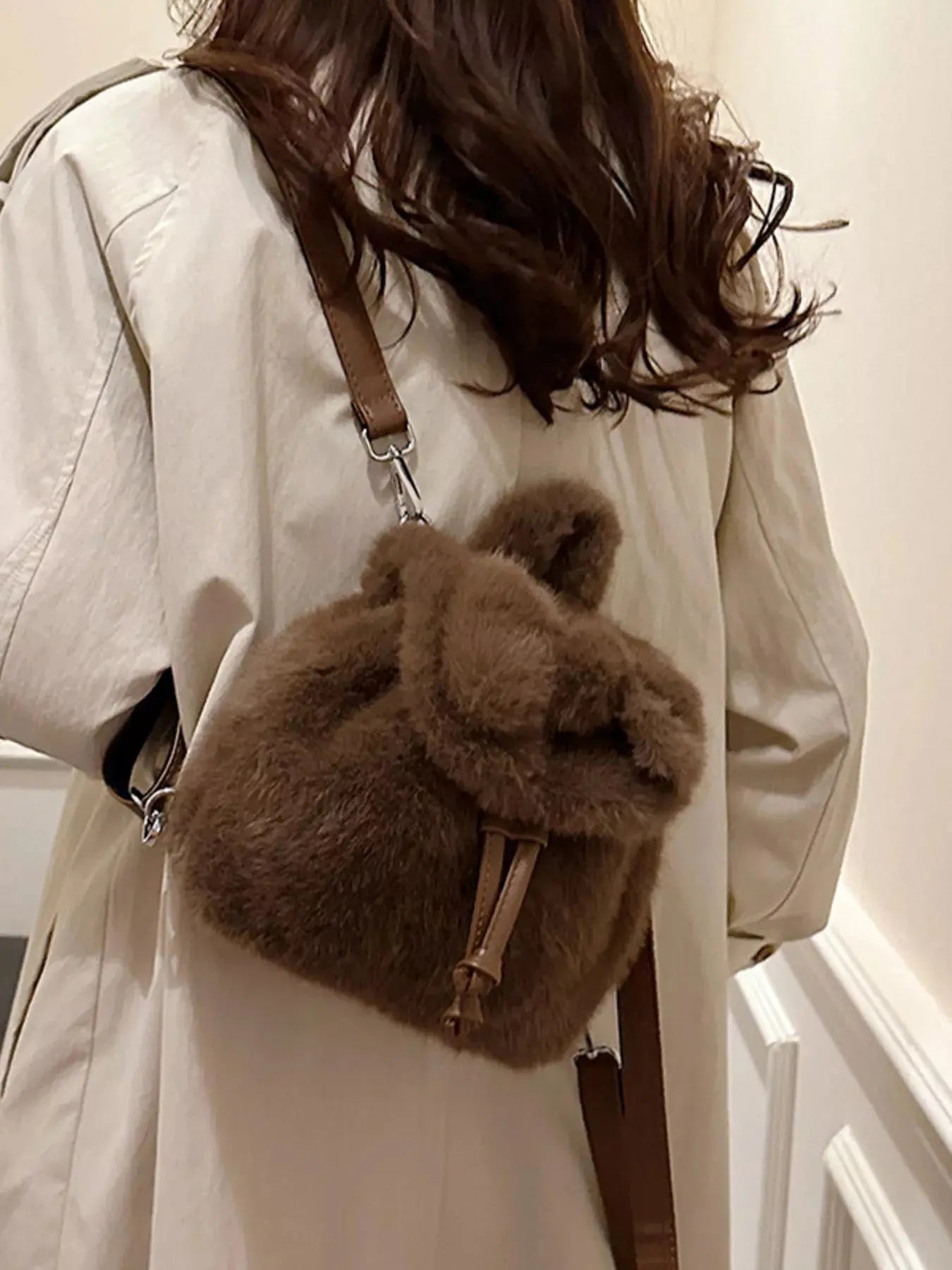 Fuzzy Plush Drawstring Backpack Bag Simply Love