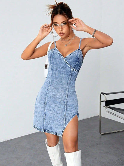 Sleek denim dress with slit and spaghetti straps