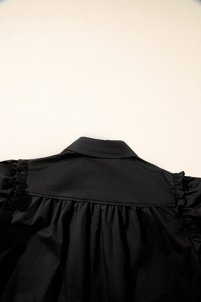 Black Solid Color Puff Sleeve Stylish Collared Shirt