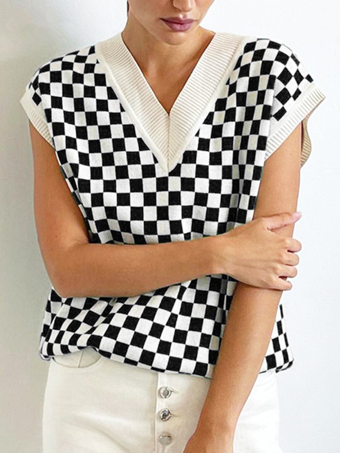 Full Size Checkered V-Neck Cap Sleeve Sweater.