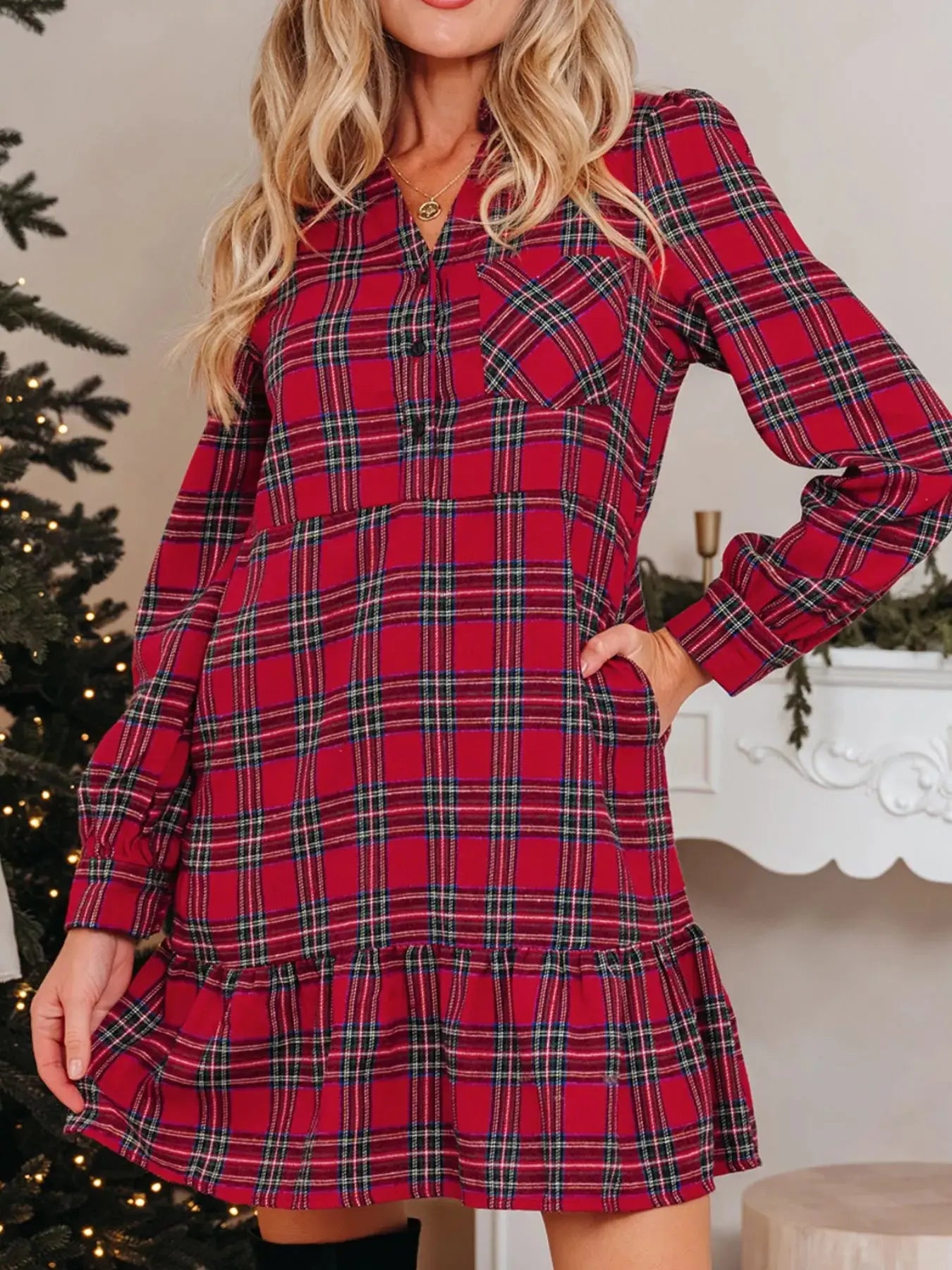 Plaid Shirt Collar Half Button Ruffle Hem Long Sleeve Mini Dress Simply Love