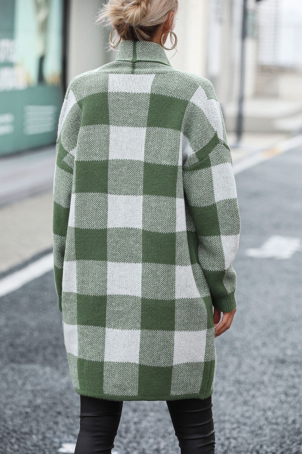 Plaid Dropped Shoulder Cardigan with Pocket.