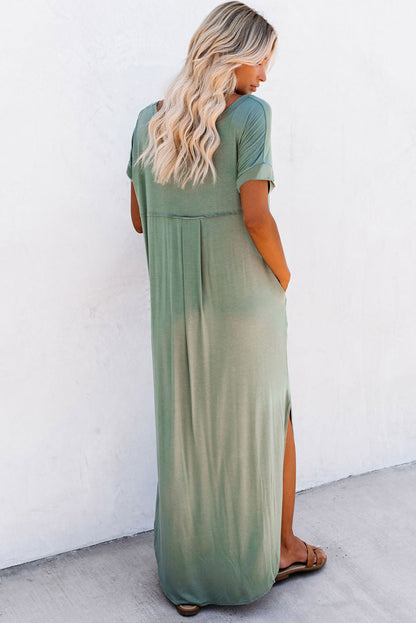 Elegant grass green maxi t-shirt dress with hidden pockets and stylish splits