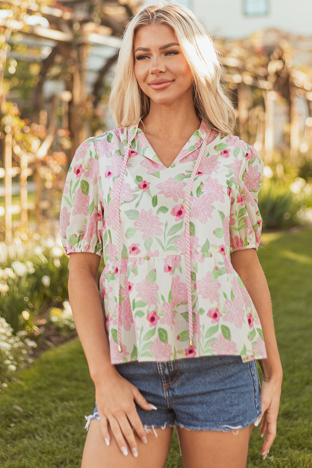 Pink Floral Print Drawstring V Neck Peplum Blouse for Women