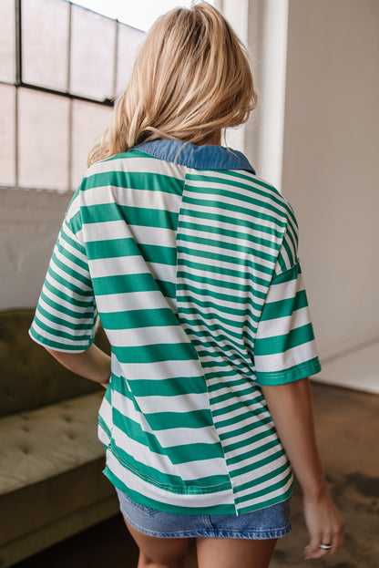 Green Stripe Colorblock Collar Half Buttons T Shirt