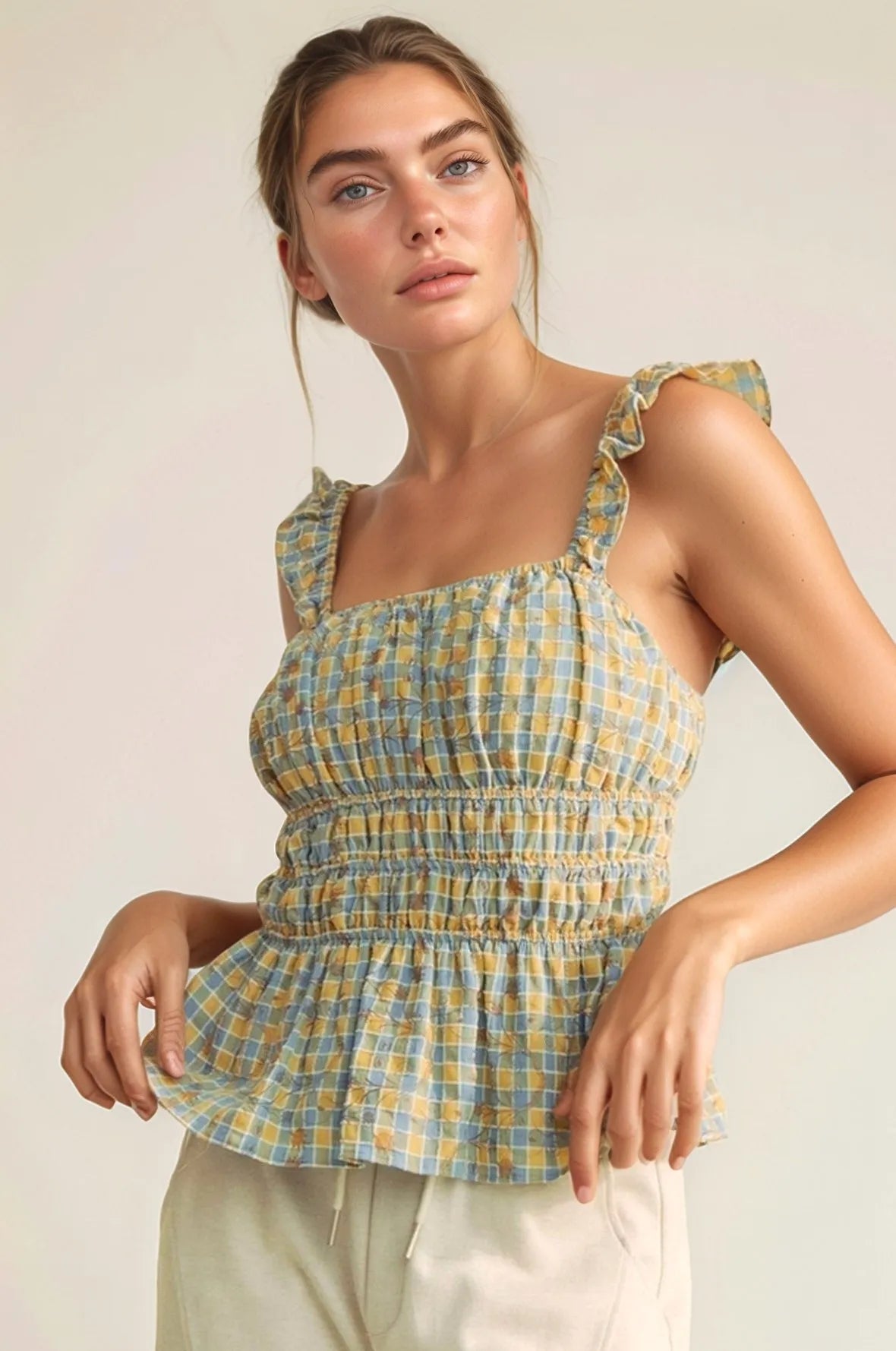 Davi & Dani Plaid Ruffled Strap Smocked Sleeveless Top - Love Salve 