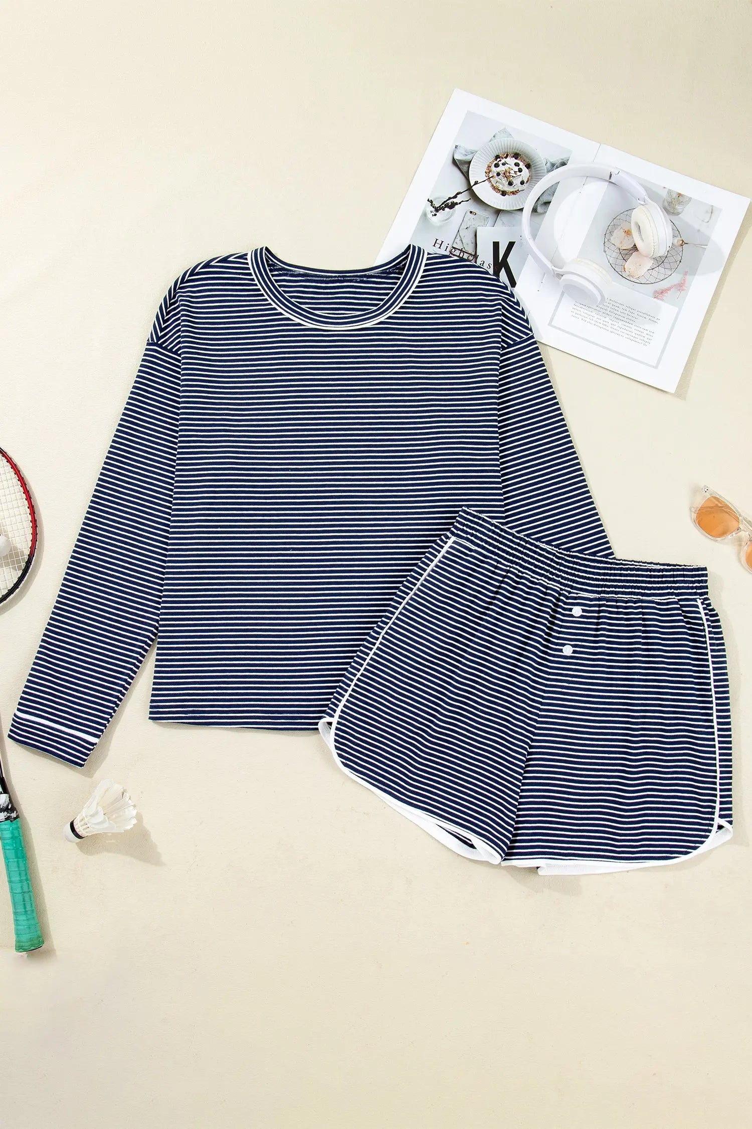 Blue Stripe Drop Shoulder Long Sleeve Tee And Buttoned Shorts Lounge Set 2pcs Dear-Lover Dropshipping