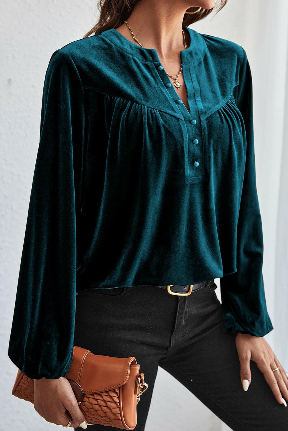 Ruched Decorative Button Notched Blouse.