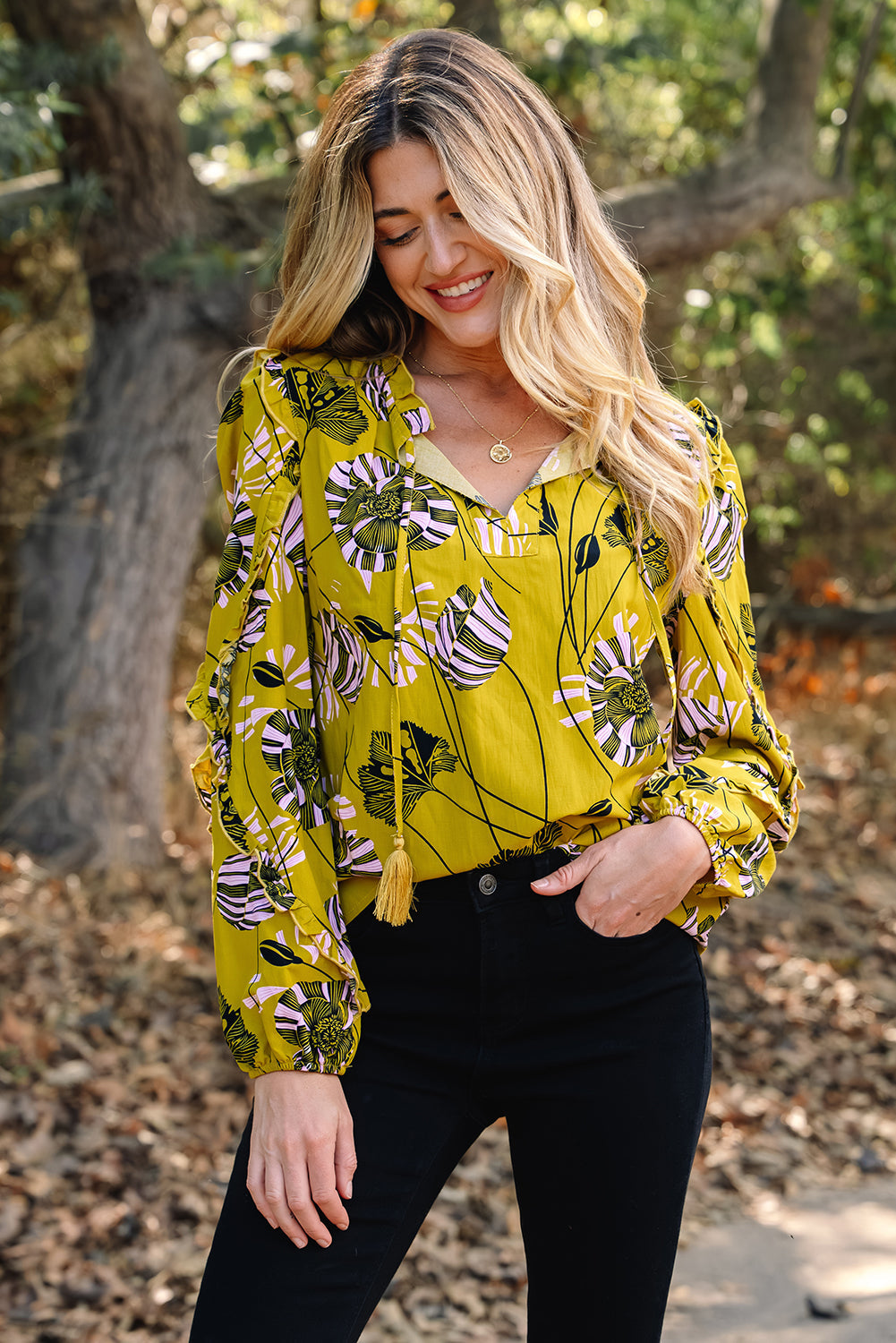 Yellow Vintage Floral V Neck Ruffle Trim Long Sleeve Blouse Dear-Lover Dropshipping