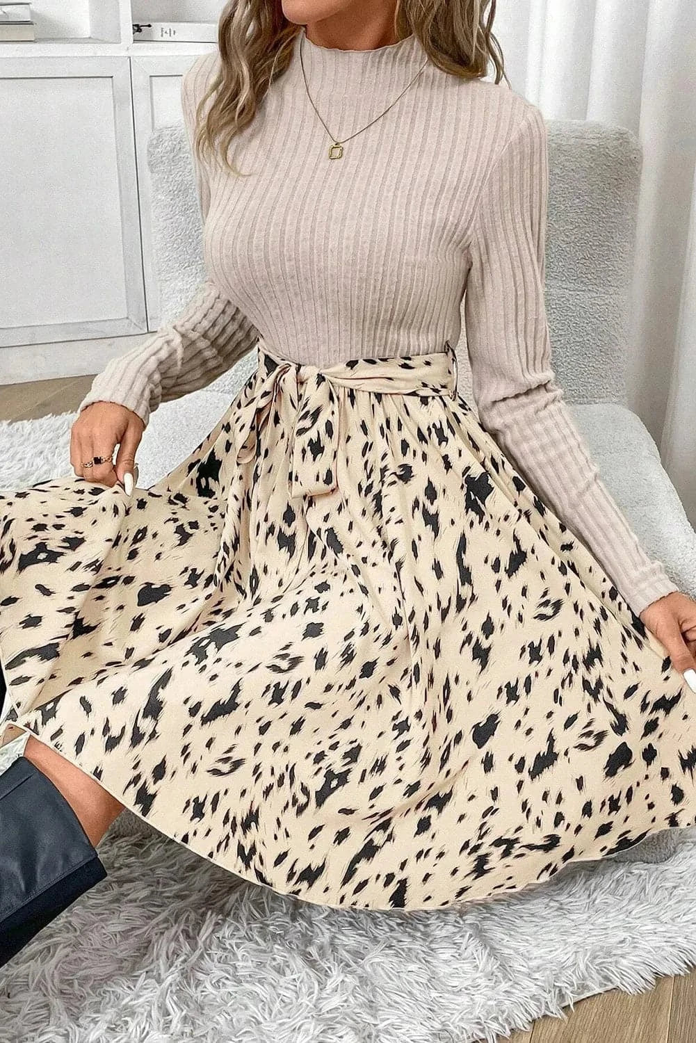 Tied Printed Mock Neck Long Sleeve Dress.