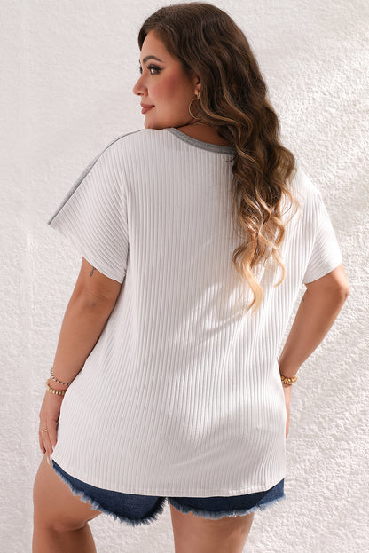 Chic white colorblock batwing sleeve ribbed plus size tee