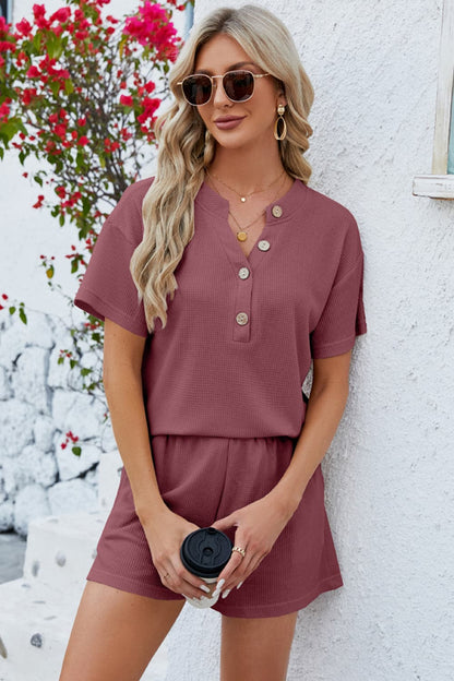 Notched Button Detail Dropped Shoulder Top and Shorts Set.