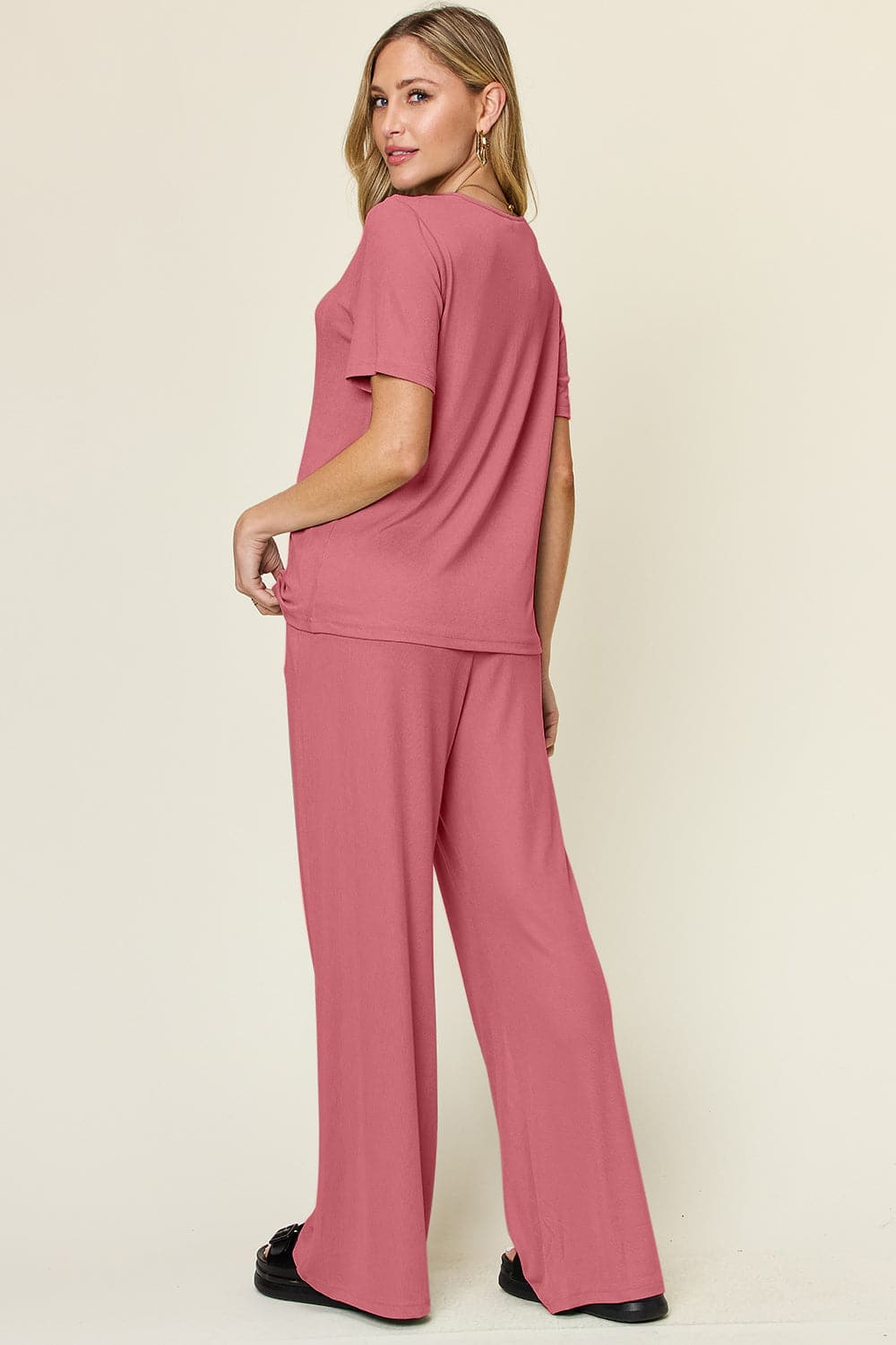 Double Take Full Size Round Neck Short Sleeve T-Shirt and Wide Leg Pants Set.