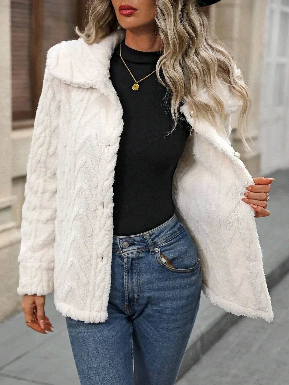 Fuzzy Texture Button Up Collared Neck Coat Coco’s Tee Boutique