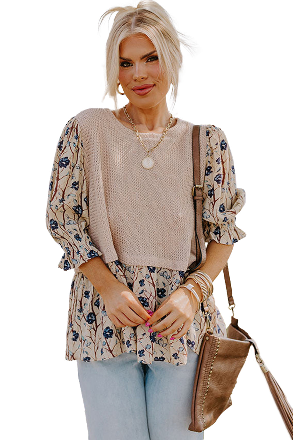 Beige Faux Two Piece Knit Patchwork Floral Plus Size Top Divine Design4U