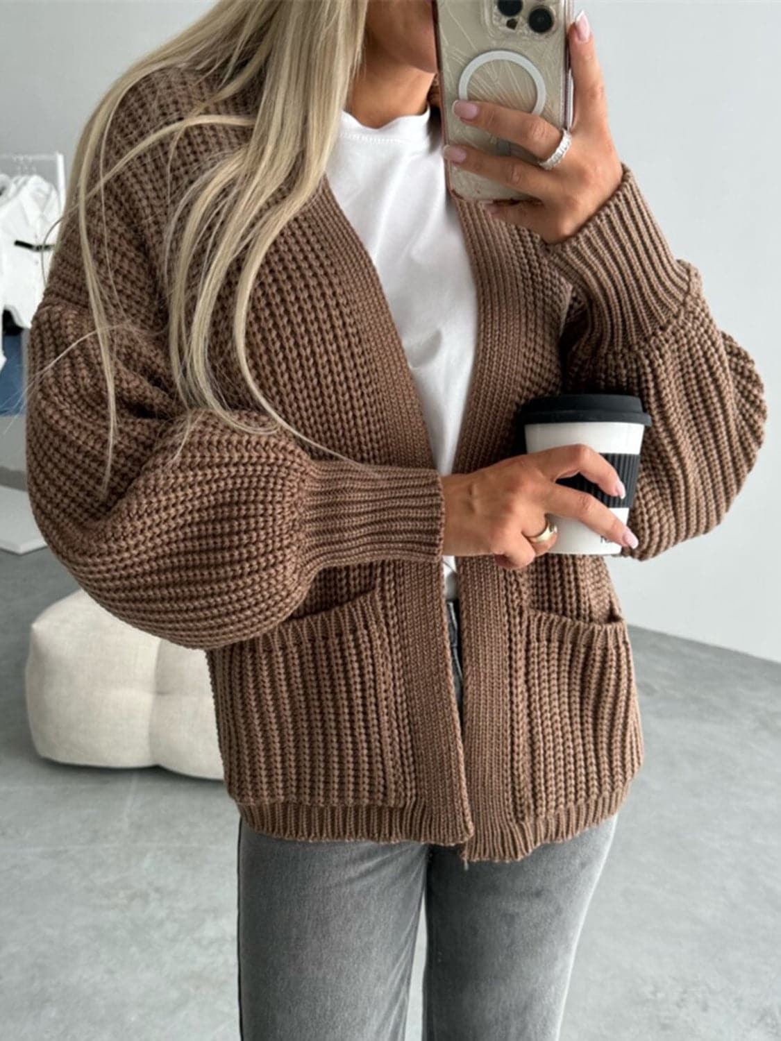 Open Front Dropped Shoulder Cardigan.