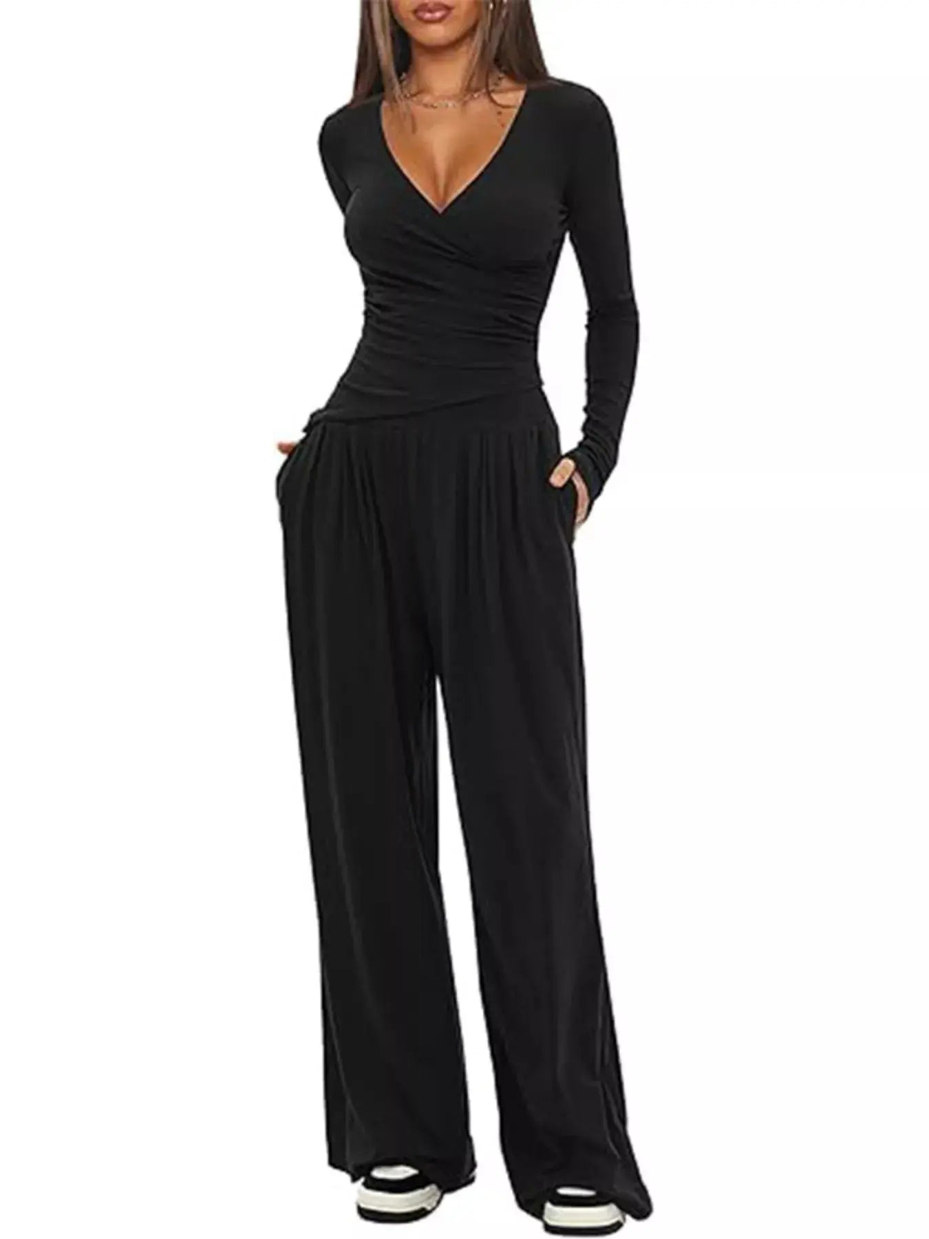 Casual Brown Long Sleeve Wrap Top And Wide Leg Pants Two-Piece Set Simply Love