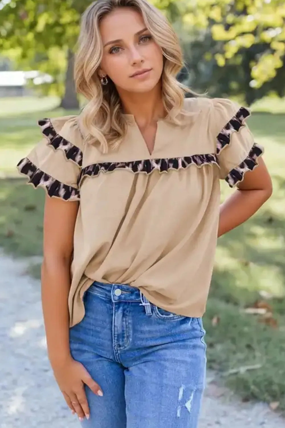 Simply Love Leopard Blouse: Frill Sleeves