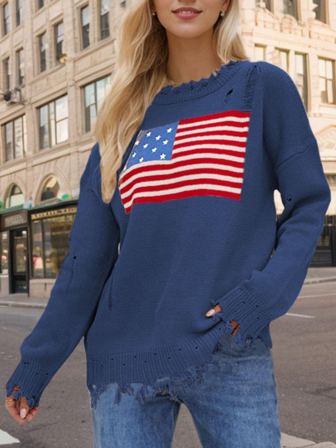 Distressed US Flag Sweater - Acrylic, Long Sleeve, Round Neck