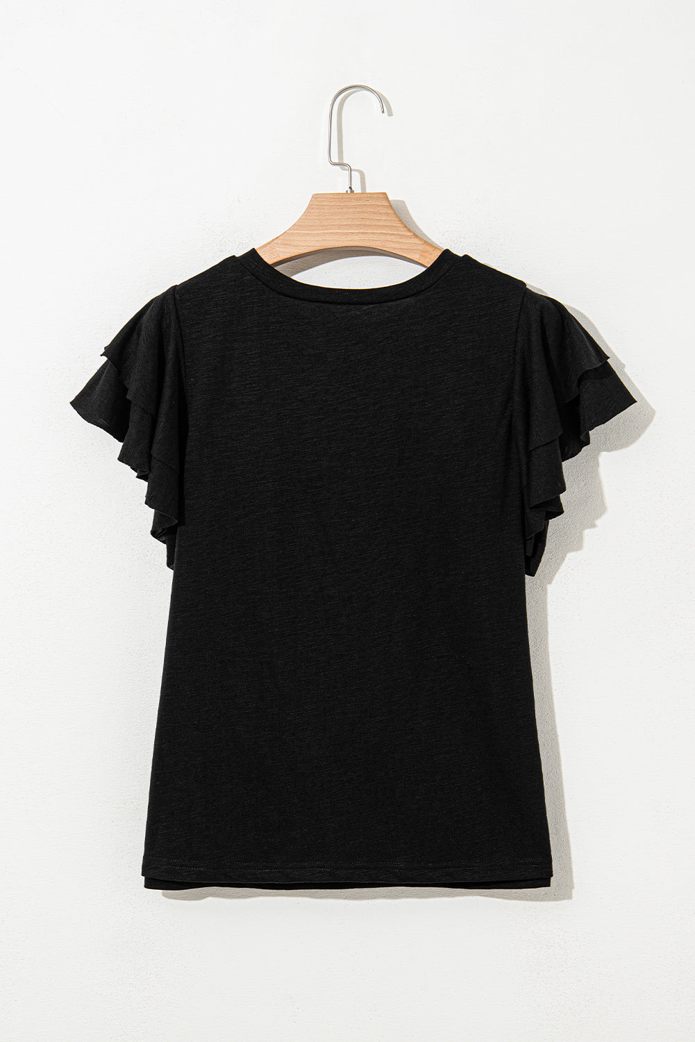 Black Layered Ruffle Short Sleeve Round Neck Top for Women