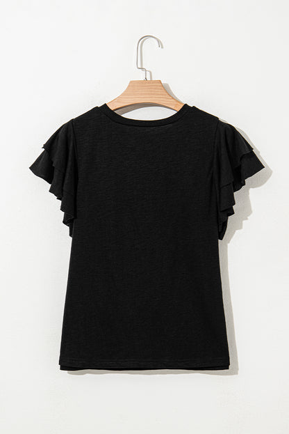 Black Layered Ruffle Short Sleeve Round Neck Top for Women