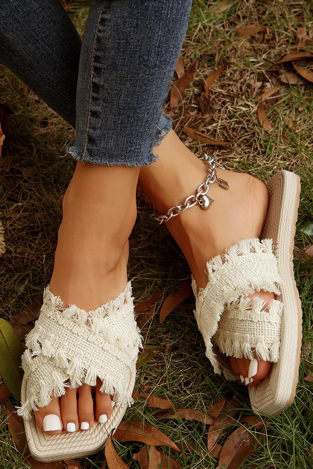 Vada Tassel Woven Cross Strap Flat Slippers - Love Salve 