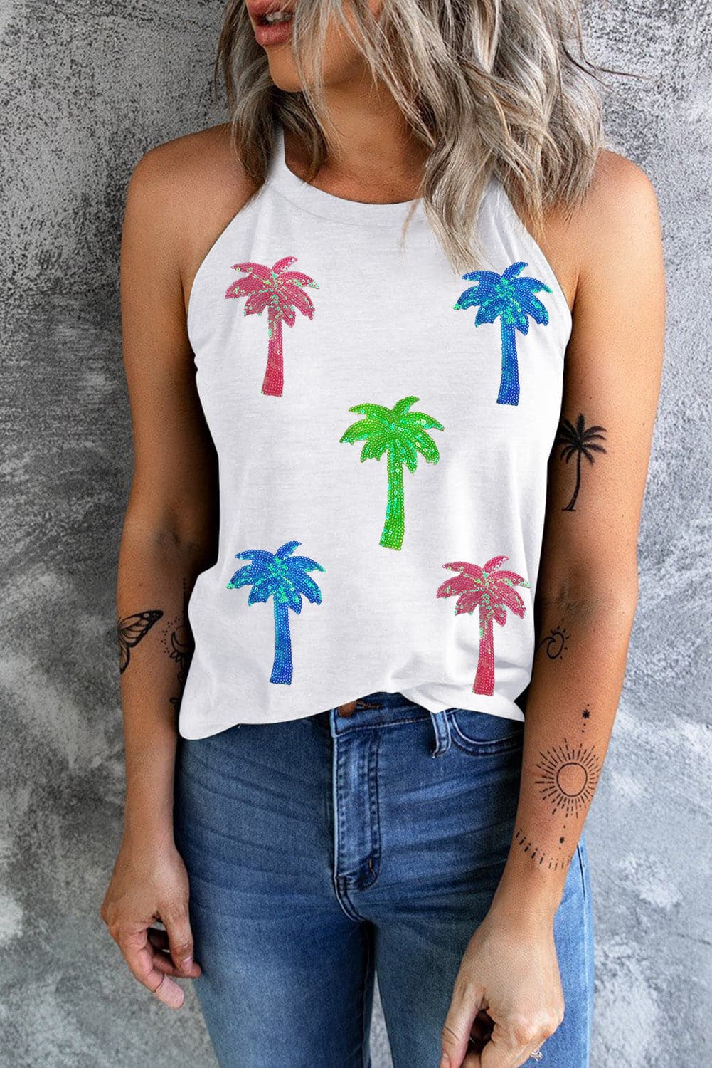 Sequin Coconut Tree Round Neck Tank.