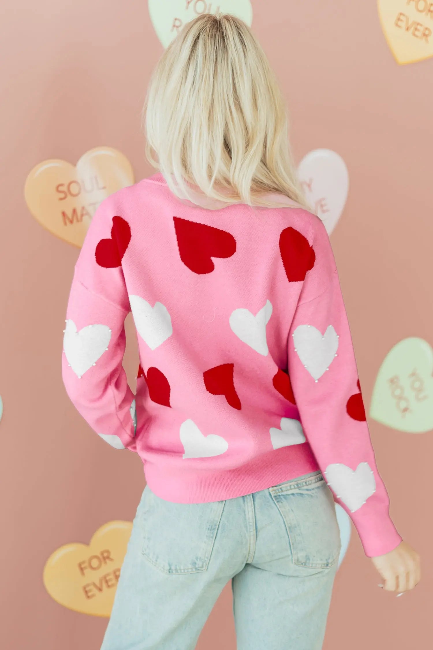 Pink Pearl Embellished Heart Pattern Valentines Day Knit Sweater Dear-Lover Dropshipping