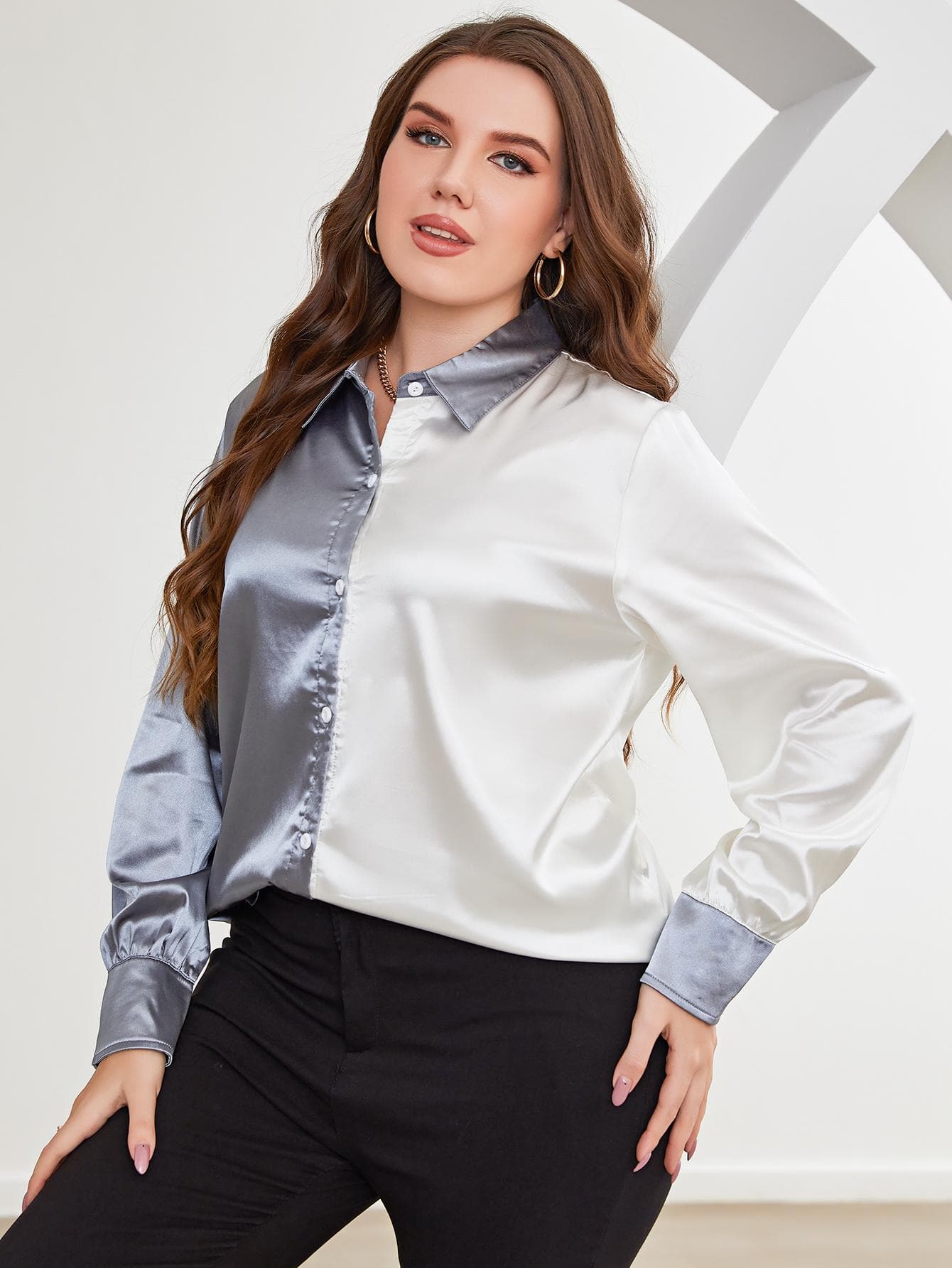 Plus Size Two-Tone Long Sleeve Shirt.