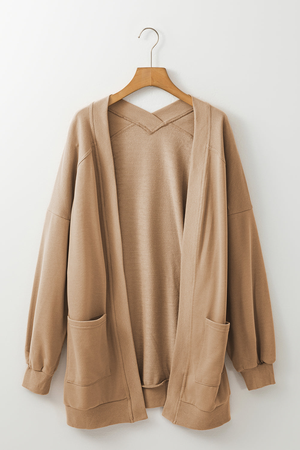 Light Beige Ribbed Knit Cardigan with Exposed Seams and Pockets