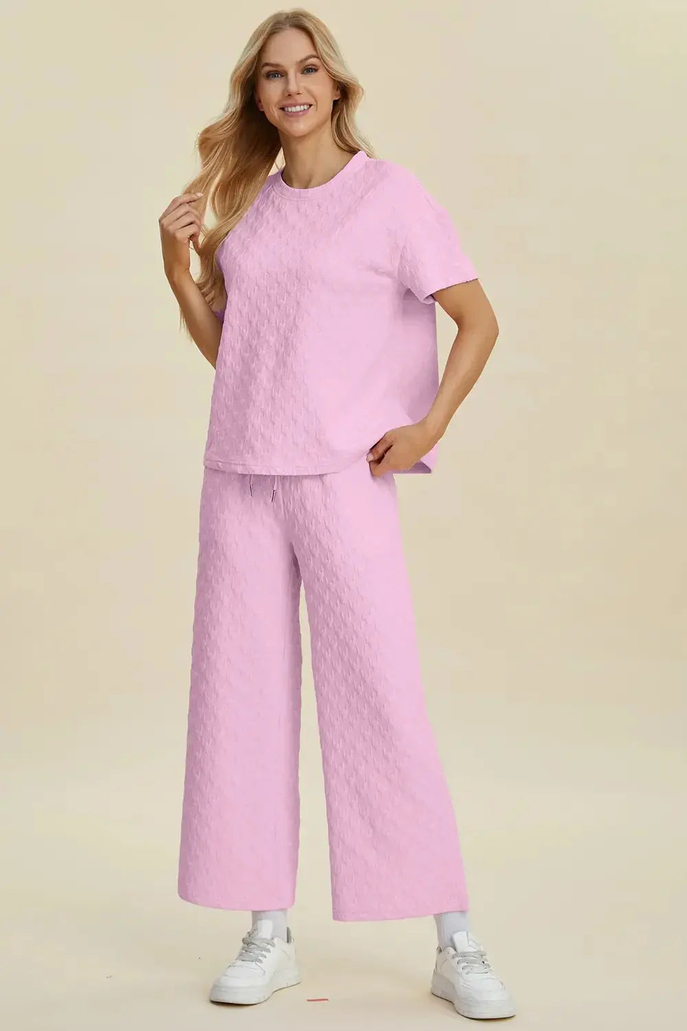 Double Take Full Size Texture Round Neck Short Sleeve Top and Pants Set - Love Salve