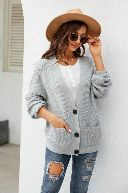 Button Up Drop Shoulder Long Sleeve Cardigan.