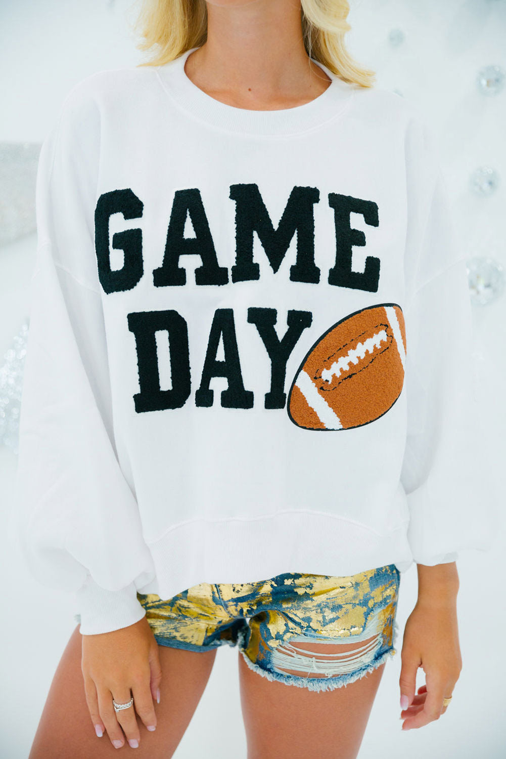 White varsity pullover sweatshirt