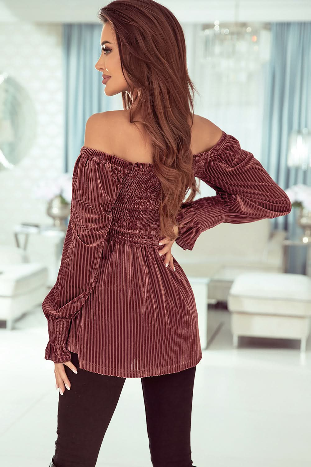 Smocked Velvet Babydoll Top with Ribbed Texture