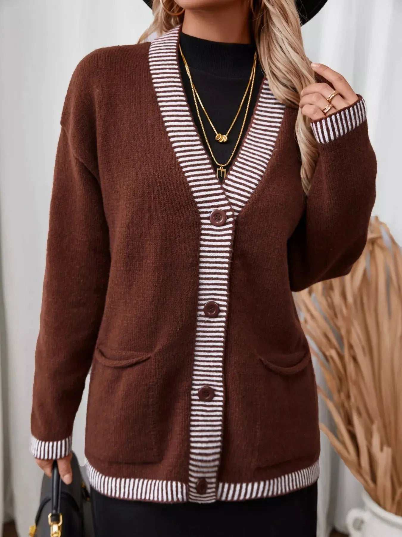 Striped Trim Button Front Pocket Knit Cardigan Simply Love
