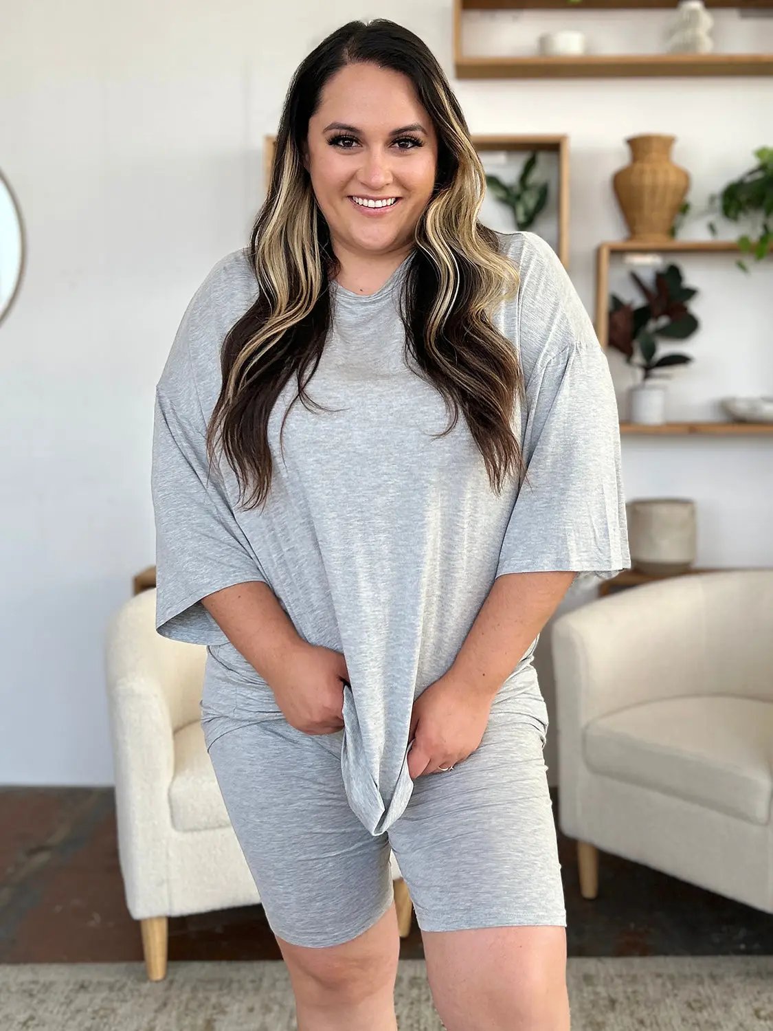 Basic Bae Bamboo Full Size Round Neck Drop Shoulder T-Shirt and Shorts Set - Love Salve