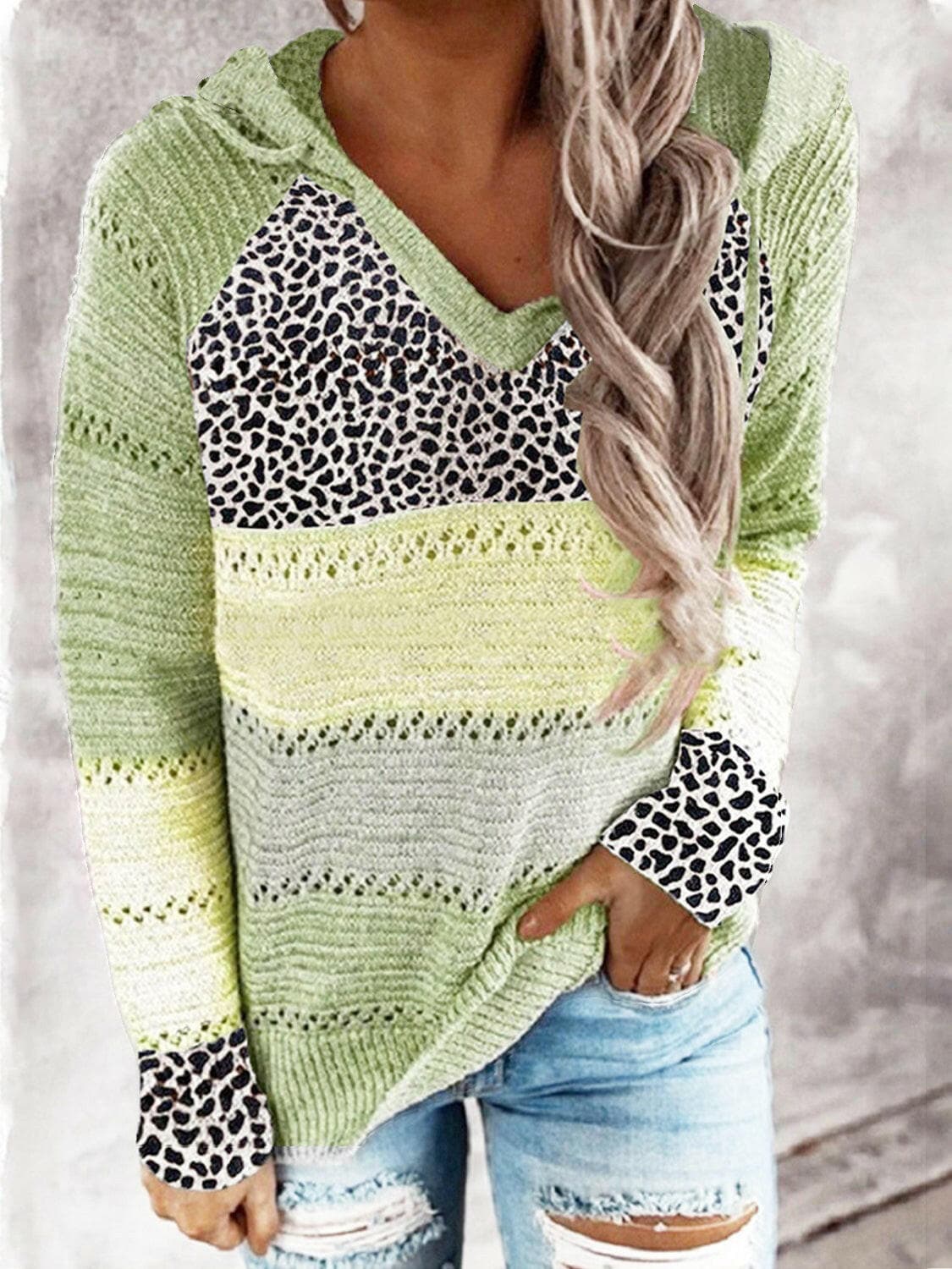 Full Size Openwork Leopard Drawstring Hooded Sweater.