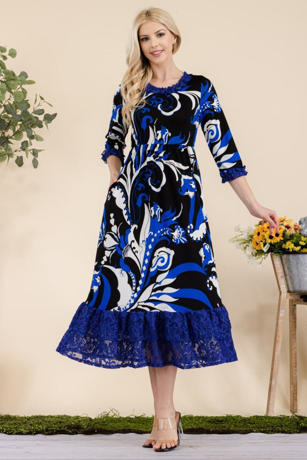 Celeste paisley print midi dress with lace ruffles and pockets