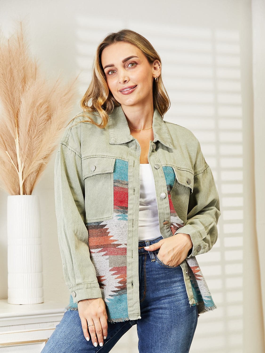 Dropped Shoulder Long Sleeve Printed Denim Jacket.