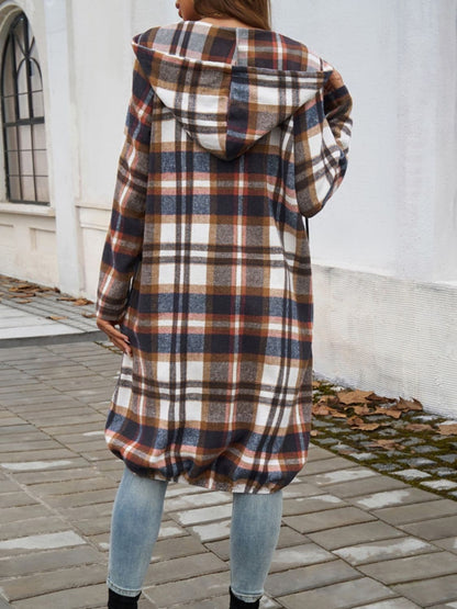 Plaid Zip Up Hooded Coat.