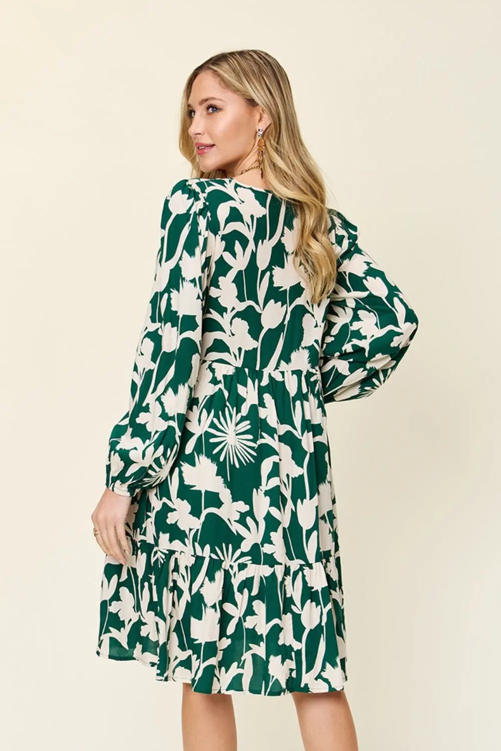 Double Take Full Size Printed Ruffle Hem Long Sleeve Dress - Love Salve