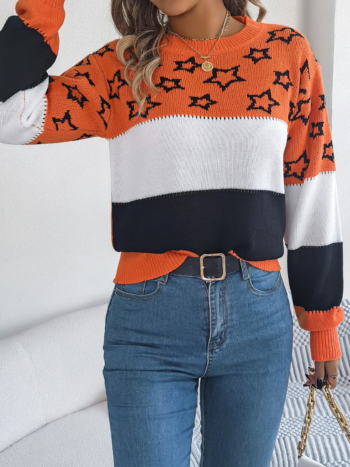 Star Contrast Round Neck Sweater.