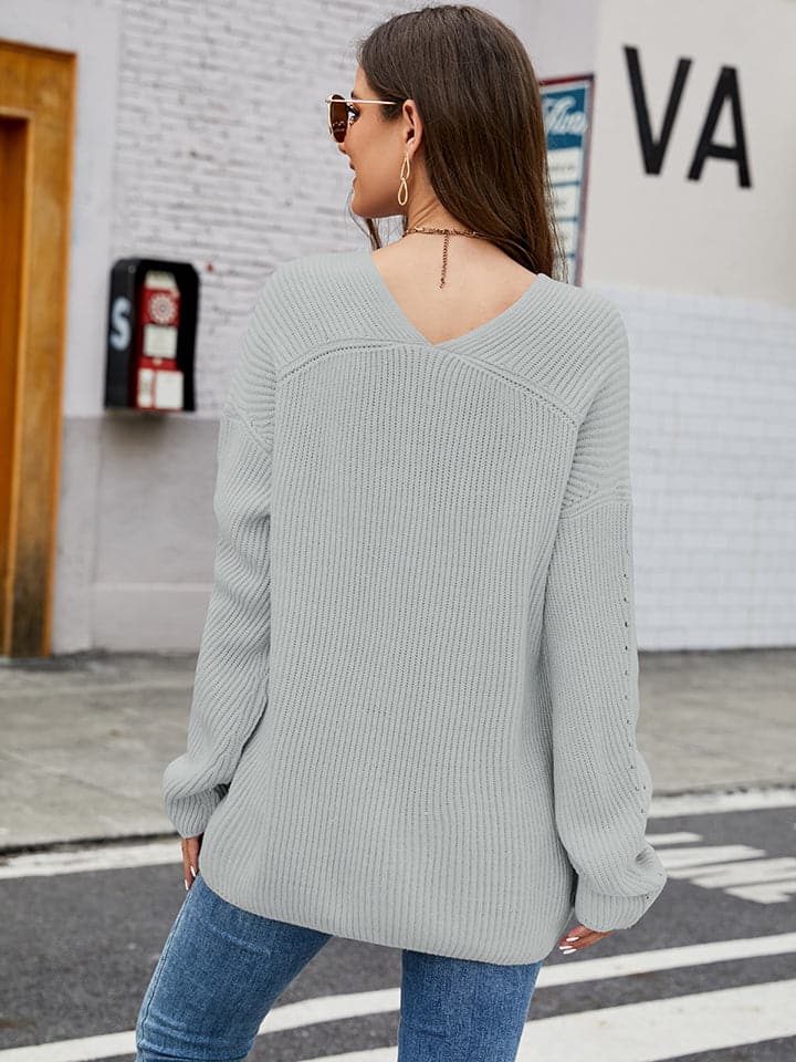 Openwork Dropped Shoulder Long Sleeve Sweater.