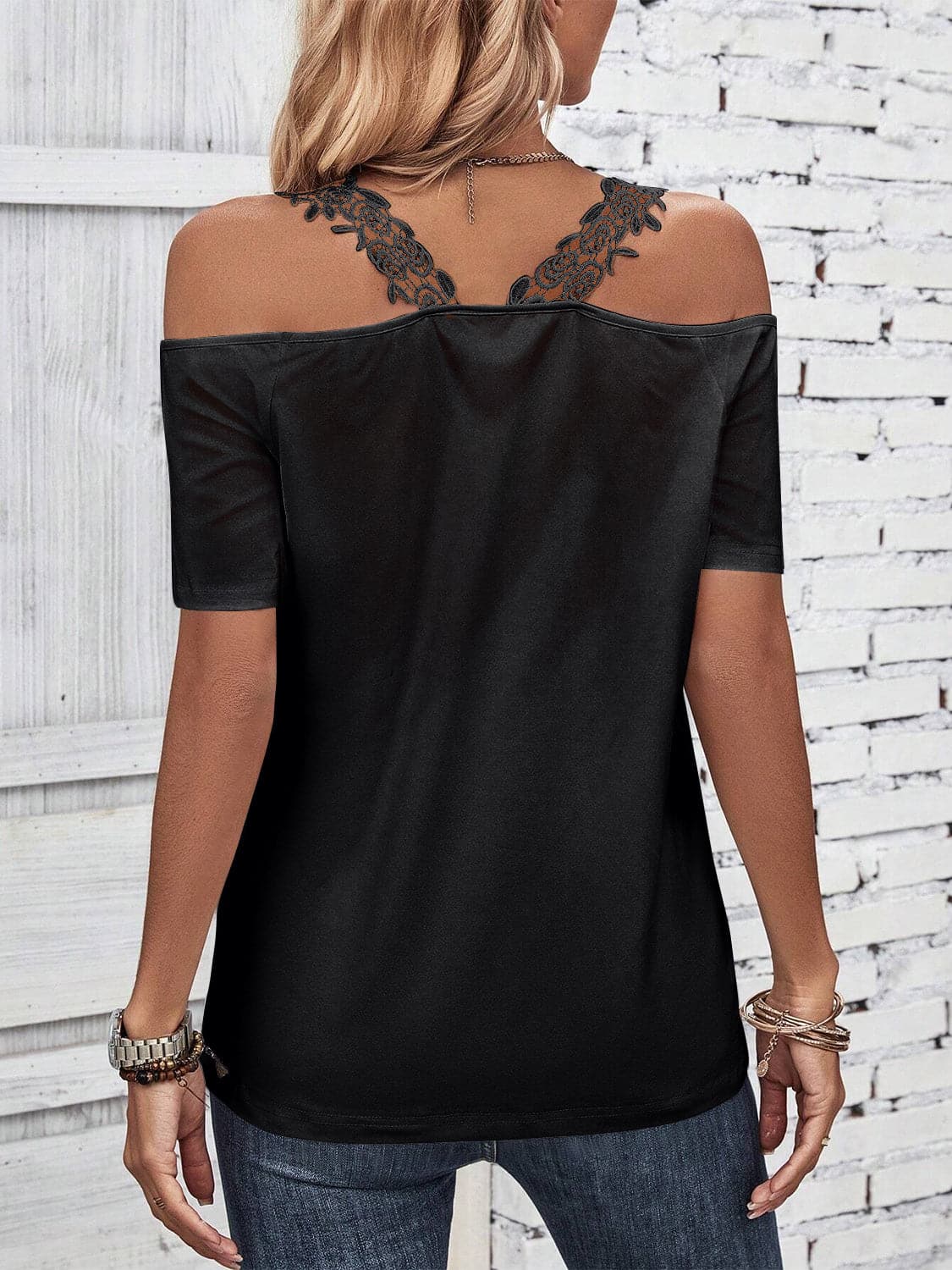 Full Size Lace Detail Short Sleeve T-Shirt.