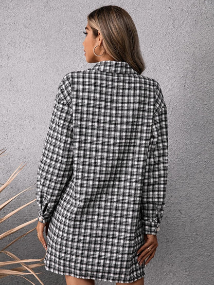 Pocketed Plaid Long Sleeve Mini Dress.