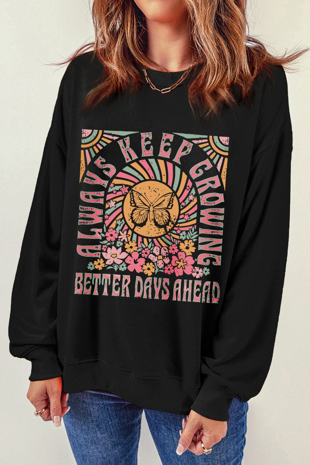 Graphic Round Neck Long Sleeve Sweatshirt.