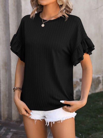 Ruffled Round Neck Short Sleeve Top.